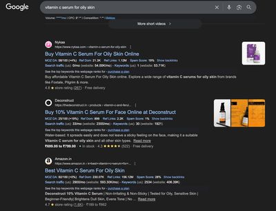 Google SERP showing category pages ranking for vitamin c serum for oily skin search