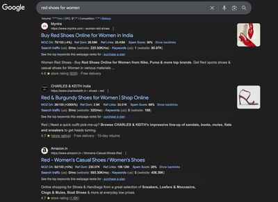 Google SERP showing category pages ranking for fashion apparel searches