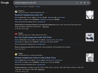 Google SERP showing category pages ranking for wireless headphones under 200 search