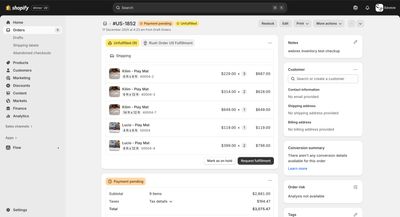 Shopify order showing multiple size variants in a single order