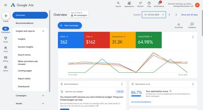 Google Ads overview after rebuild showing clicks, cost, impressions and ROAS