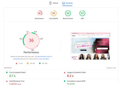 PageSpeed Insights baseline: Desktop performance score before optimization