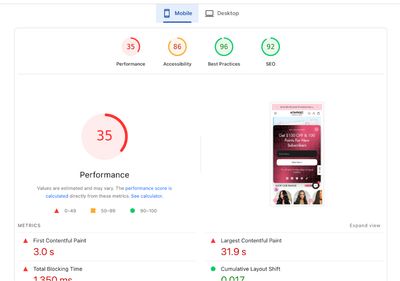 PageSpeed Insights baseline: Mobile performance score before optimization
